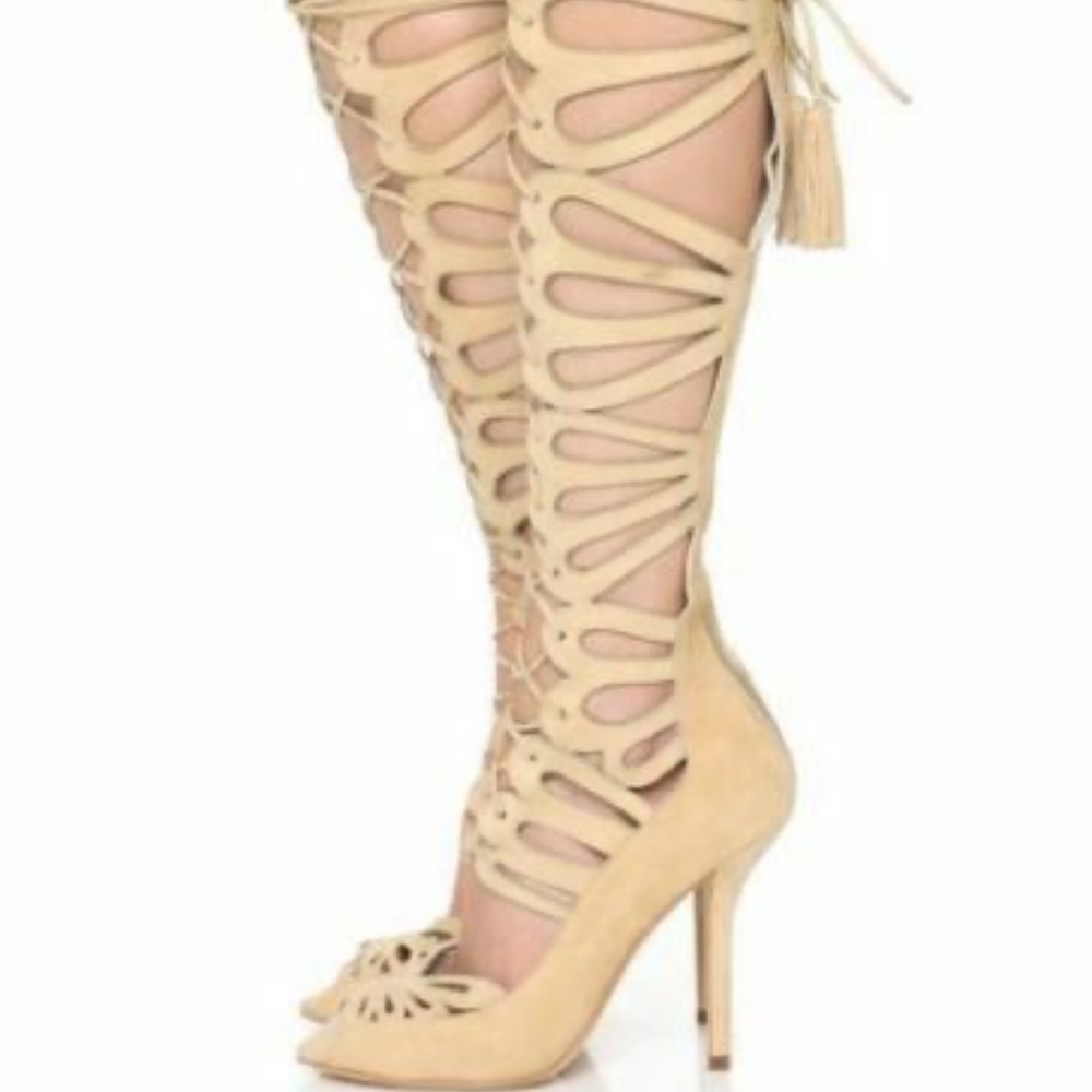 $550 Alice+Olivia Naomi Knee High Beige Suede Lace Up Sandals~NEW